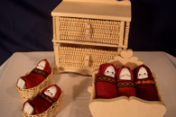 Jewel-casket; wood-rattan; 14x12x9cm triplets;wood-rattan-porcelain, 12x12cm, Baby in basket; 9cm