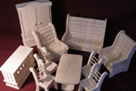 Doll’s suit of furniture for a 15cm high doll; wood-rattan